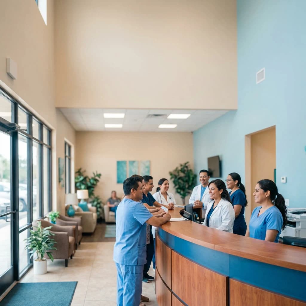 Equipo de Clínica Hispana Nueva Salud Pasadena dando la bienvenida a sus pacientes en Pasadena
