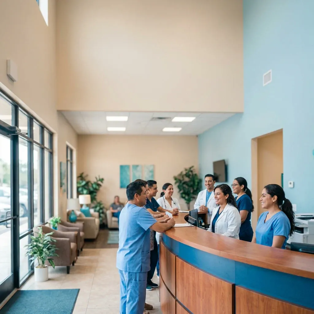 Equipo de Clínica Hispana Nueva Salud Pasadena dando la bienvenida a sus pacientes en Pasadena