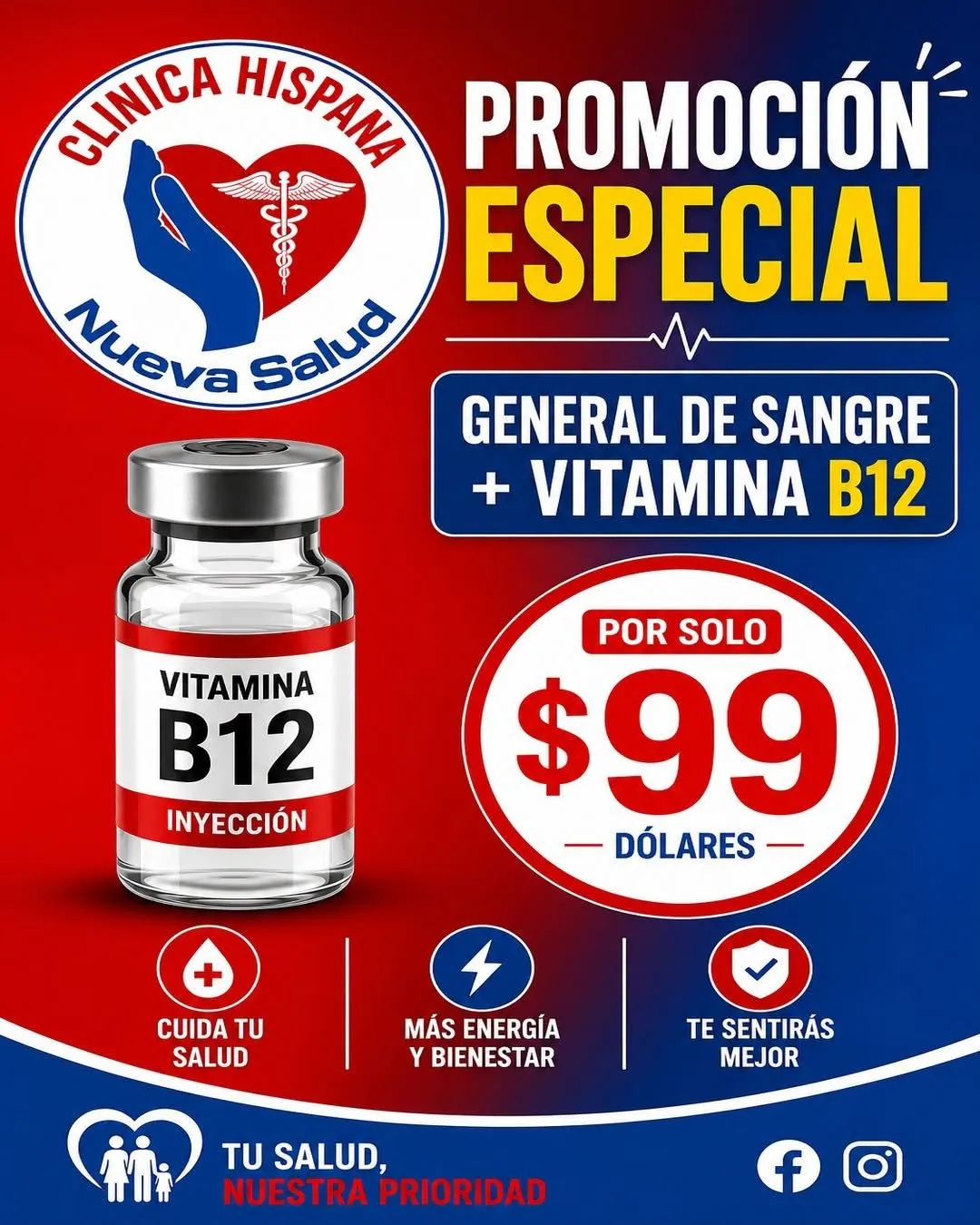 Flyer de la promoción especial Examen General de Sangre más Vitamina B12 por $99 en Clínica Hispana Nueva Salud Pasadena.