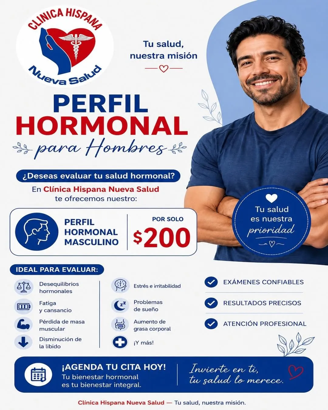 Flyer de la promoción Perfil Hormonal para Hombres por $200 en Clínica Hispana Nueva Salud Pasadena: evaluación de fatiga, masa muscular y libido.